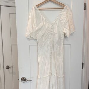 Elegant White Maxi Dress with V-Neck and Button Front